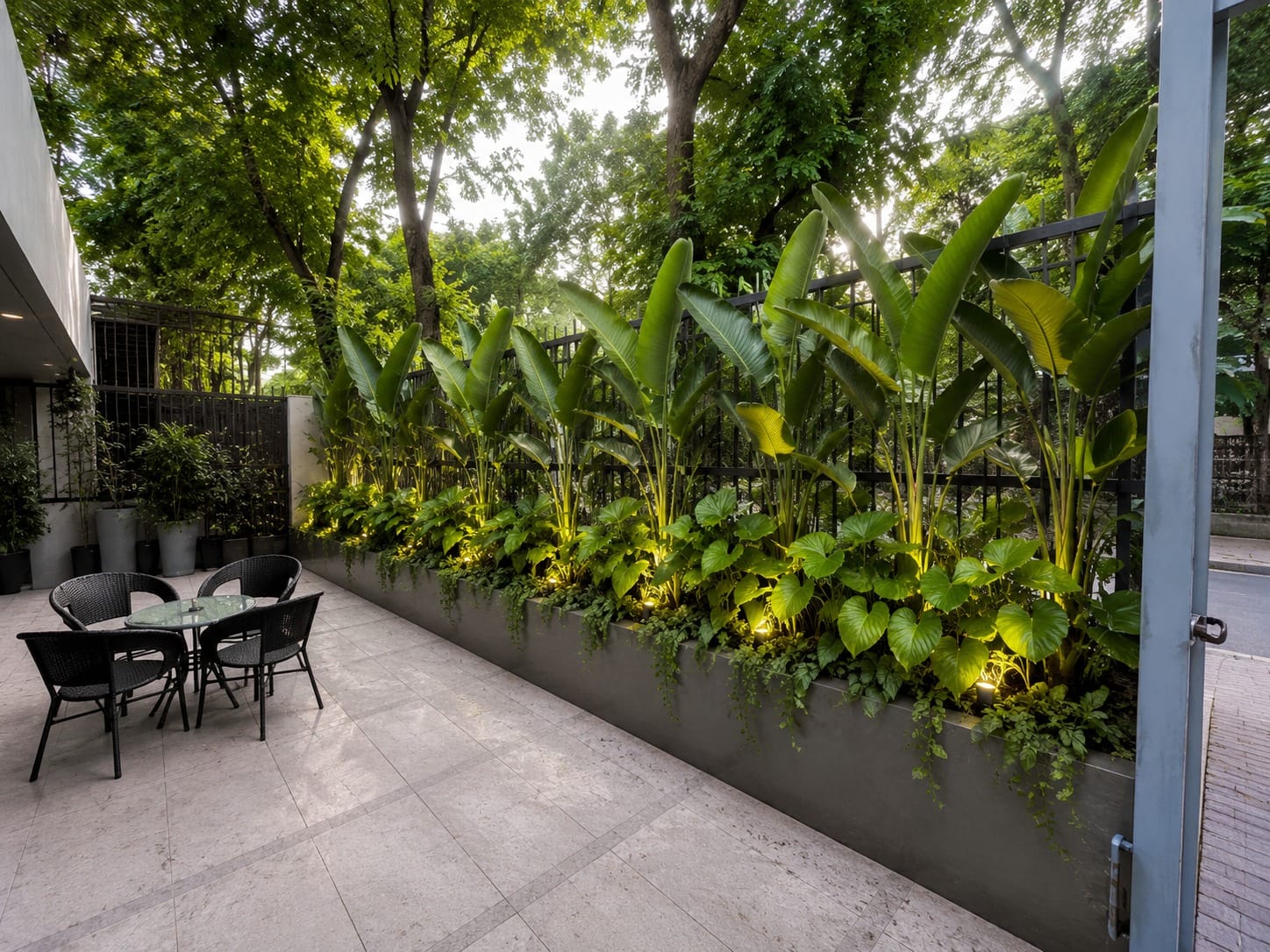 Courtyard seating nook framed by a lit planter bed at dusk