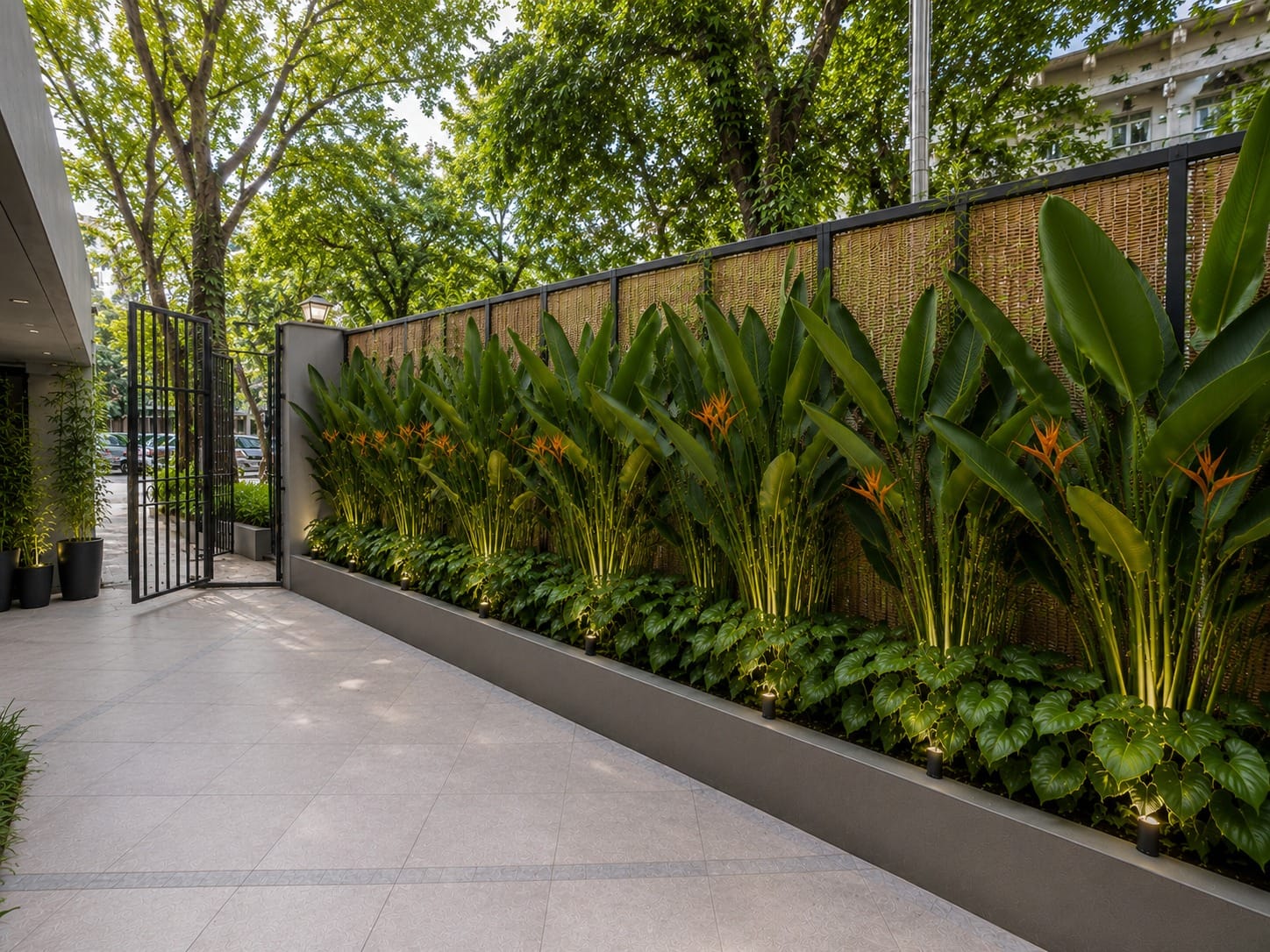 Lit tropical planter bed lining a courtyard entrance