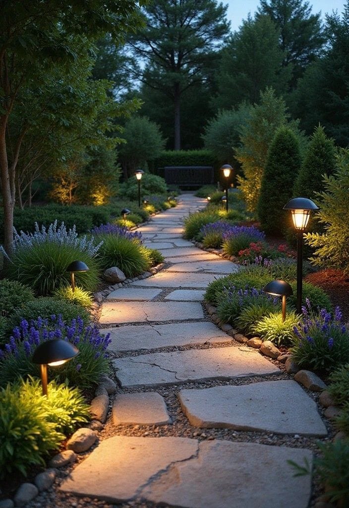 Garden path with landscape lighting through lavender and greenery